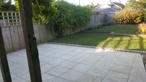 patio, slabs, landscaping, grass, turf, brick edging, bricks, lawn